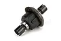 A fully assembled RC differential unit with a black plastic housing, metal ring gear, and metal outdrives, shown against a white background.