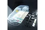 MST 1/10 scale clear polycarbonate Evo V RC car body shell with included plastic parts, decals, and accessories on a black background.