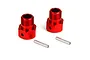 Two red anodized aluminum wheel hex adapters with threaded shafts and two small metal drive pins on a white background.
