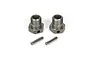 Two metal wheel hex adapters with threaded shafts and two matching drive pins, isolated on a white background.