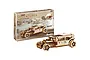 Revell Tiny Adventures Hot Rod wooden model kit box and the fully assembled wooden hot rod car model placed in front of it.