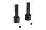 Two black metal RC wheel axles and two small grub screws on a white background.