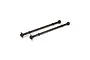 Two black metal RC rear drive shafts with ball joints at each end, positioned diagonally on a white background.