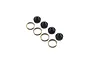 A set of four black rubber axle boots and four metal rings for TLR RC vehicles, arranged on a white background.