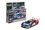 Revell 1/24 scale Ford GT Le Mans 2017 plastic model kit, featuring the boxed starter set with paints and brush, alongside the fully assembled model car.