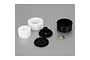 Losi complete air filter assembly kit including two white foam filter elements, black plastic housing parts, and a metal washer on a grey background.