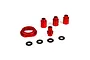 A set of red anodized aluminum engine and clutch mounts with black washers on a white background.