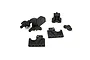 A set of black plastic RC car spare parts including a gear cover and various mounting components on a white background.