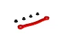 A red anodized aluminum steering Ackermann plate with four small black bushings arranged in a row above it, isolated on a white background.