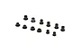A set of twelve small black flanged bushings arranged on a plain white background.