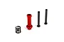 Losi steering post set including one red anodized aluminum post, two black metal posts, and one coil spring on a white background.