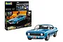 Revell 1/25 scale Fast & Furious 1969 Chevy Camaro Yenko model kit box and a fully assembled blue model car on a white background.
