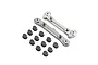 TLR rear suspension arm pin brace set including two silver metal braces and ten small black plastic inserts on a white background.
