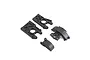 A set of four black plastic RC car parts including two flat mounting plates and two curved housing covers on a white background.