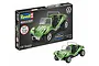 Revell 1/32 scale VW Buggy plastic model starter kit box and assembled green model car on a white background.