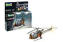 Revell 1/32 scale Alouette II helicopter plastic model kit box and a fully assembled, painted model helicopter on a white background.