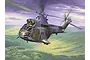 An artistic illustration of a Royal Air Force Westland Puma HC.1 helicopter flying over a green landscape under a stormy purple sky.