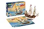 Revell 1/83 scale Mayflower 400th Anniversary plastic model kit box, assembled model, and included poster on a white background.