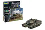 Revell 1/35 scale Leopard 2 A6M+ tank model kit box and a fully assembled, painted model tank on a white background.