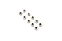 A top-down view of ten silver-coloured nyloc nuts arranged in a loose cluster against a plain white background.