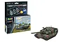 Revell 1/72 scale Leclerc (T.5) tank plastic model kit box with included paints, brush, and glue, alongside a fully assembled and painted model.