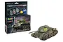 Revell 1/72 scale T-34/85 tank model kit box and a fully assembled, painted model tank.