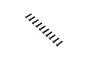 A set of ten black metal button head screws arranged in a diagonal line against a white background.