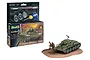 Revell 1/76 T-34-76 Model 1940 starter kit box next to a fully assembled and painted tank model with a soldier figure on a diorama base.
