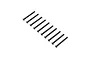 A set of ten black button head screws arranged in a diagonal line against a white background.