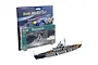 Revell 1/1200 scale Bismarck battleship plastic model kit with packaging, paint, glue, and brush, alongside a fully assembled and painted model.