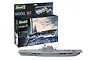 Revell 1/1200 scale USS Enterprise CV-6 plastic model kit box and a fully assembled grey plastic model ship on a white background.