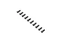 A set of ten black button head screws arranged in a diagonal line against a white background.