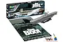 Revell 1/144 Das Boot U96 submarine model kit, including the box, assembled model on a stand, a movie poster, paints, and a brush.