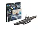 Revell 1/350 scale German Type VII C/41 submarine plastic model kit with its retail packaging, including paint, glue, and brush.
