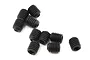 A collection of ten black metal grub screws with fine threads arranged on a white background.