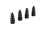 Four black rubber shock boots for RC car suspension arranged in a row on a white background.