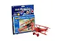 A Revell 1/72 scale Fokker Dr.1 Triplane model kit in its blister packaging, alongside a fully assembled and painted red model airplane.