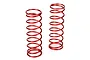 Two red metal coil springs for RC car shocks standing upright against a white background.