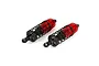Two red and black RC shock absorbers with coil springs, shown from an angled perspective on a white background.