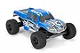 A blue and silver ECX AMP 1/10 scale RC monster truck with black off-road tires, shown from a high-angle studio shot against a white background.