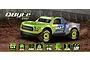 Maverick QByte Pro 1/12 scale 4WD electric RC short course truck in fluoro green and blue, displayed on a dirt track background with feature icons.