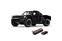 ARRMA Mojave Grom 1/16 scale RC short course truck in black, shown with a Spektrum Smart LiPo battery and charger on a white background.