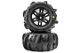Two Pro-Line 1/16 Dumont MT paddle tyres pre-mounted on black split-six RC wheels, stacked vertically against a white background.