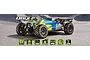 Maverick QByte XB Pro 1/12 scale RC buggy in fluoro green and blue, featuring off-road tires and a rear wing, displayed against a skate park background.