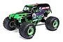 Losi LMT 2.0 Grave Digger RC monster truck featuring a black and green flame body, skull graphics, and large BKT tires on a white background.