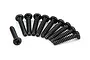 A set of ten black coarse thread binder head screws arranged in a semi-circle on a white background.