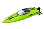 A bright lime green UDI RC Xiphactinus speed boat with black accents, viewed from a high-angle perspective against a white background.
