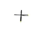 A black four-blade RC airplane propeller with yellow tips, viewed from the front against a white background.