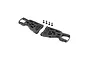 A pair of black molded plastic front suspension arms for an RC car, accompanied by four small black plastic pins, set against a plain white background.