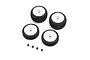 A set of four Losi Micro-B RC buggy wheels and tires with white rims, including two front ribbed tires and two rear pin-tread tires, plus four wheel nuts.